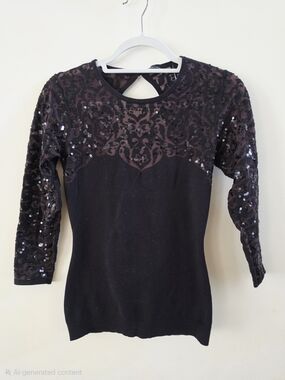 Moda International Black Sequin Sheer Crew Neck Sweater Size M